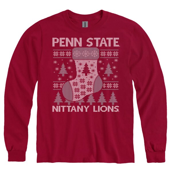 red long sleeve holiday t-shirt with Penn State Nittany Lions, stocking, trees, and snowflakes